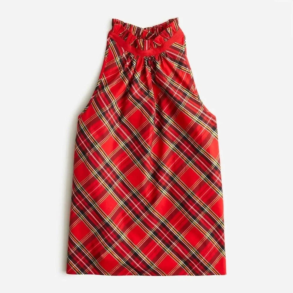 🎁Ruffleneck Sleeveless Cotton Poplin Top in Plaid Holiday Red, M